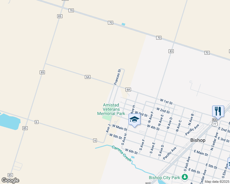 map of restaurants, bars, coffee shops, grocery stores, and more near 412 North Harrell Street in Bishop