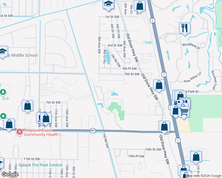 map of restaurants, bars, coffee shops, grocery stores, and more near 605 West Point Court Southwest in Vero Beach