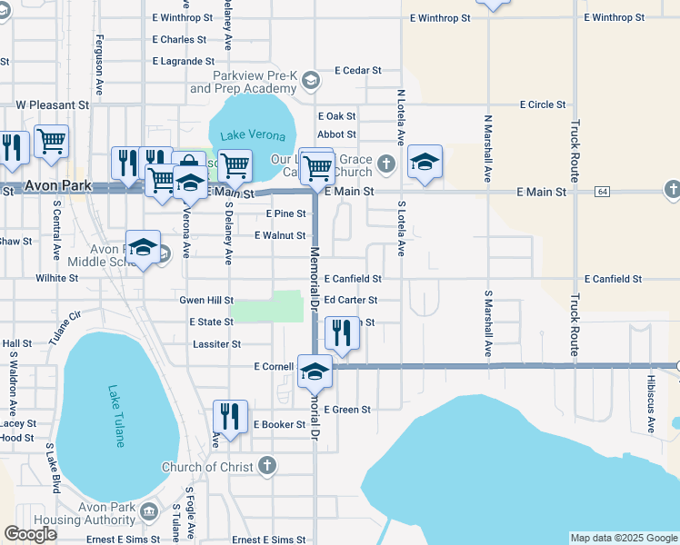 map of restaurants, bars, coffee shops, grocery stores, and more near 406 E Camphor St in Avon Park