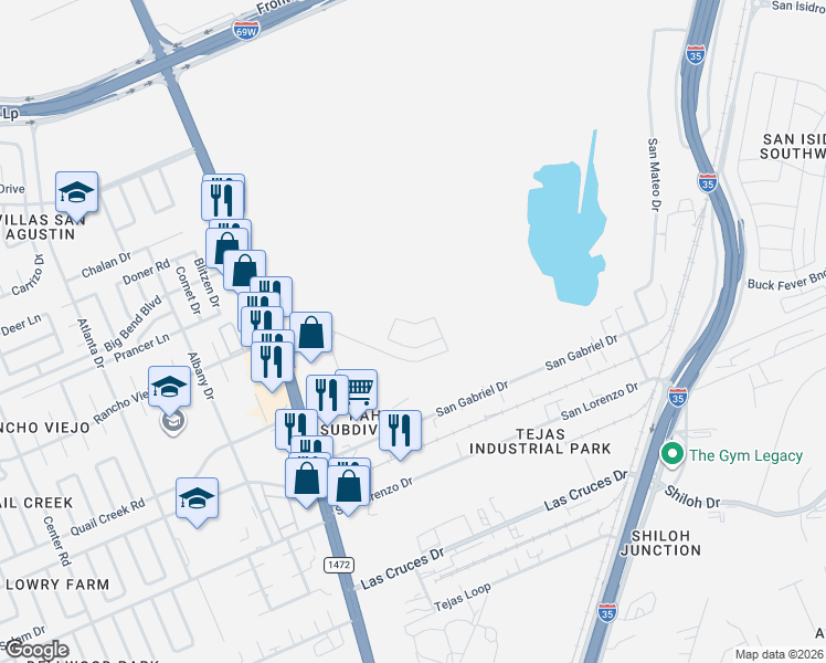 map of restaurants, bars, coffee shops, grocery stores, and more near 611c Rancho Viejo Drive in Laredo