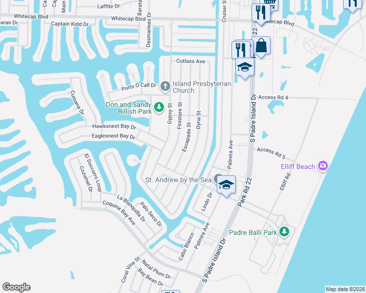 map of restaurants, bars, coffee shops, grocery stores, and more near 15701 Escapade Street in Corpus Christi