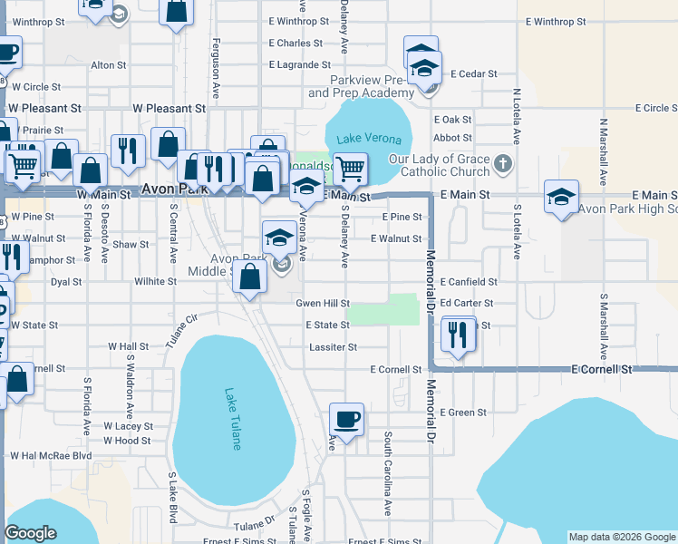 map of restaurants, bars, coffee shops, grocery stores, and more near 301-399 S Delaney Ave in Avon Park