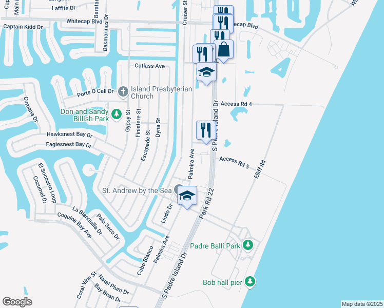 map of restaurants, bars, coffee shops, grocery stores, and more near 15622 Palmira Avenue in Corpus Christi