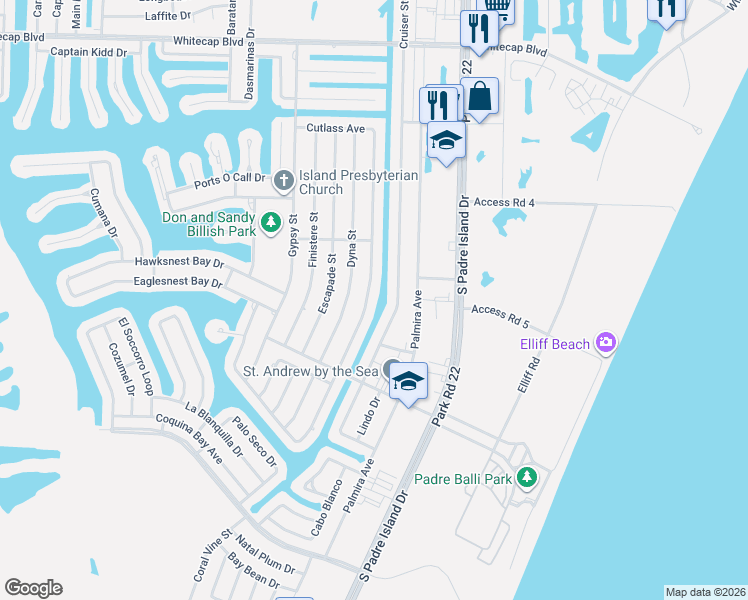 map of restaurants, bars, coffee shops, grocery stores, and more near 15621 Cruiser Street in Corpus Christi