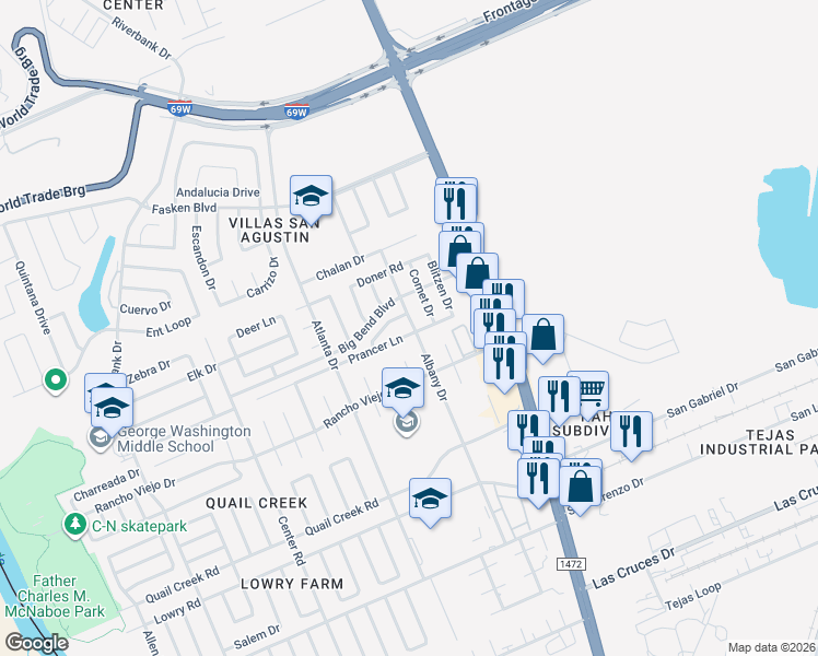 map of restaurants, bars, coffee shops, grocery stores, and more near 842 Prancer Road in Laredo