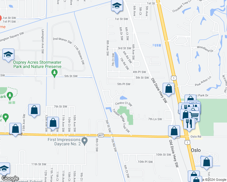 map of restaurants, bars, coffee shops, grocery stores, and more near 605 West Point Court Southwest in Vero Beach