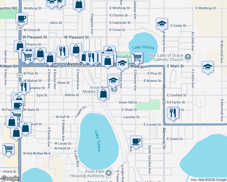 map of restaurants, bars, coffee shops, grocery stores, and more near 401 South Lake Avenue in Avon Park