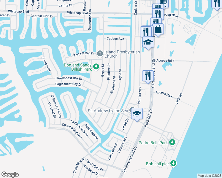 map of restaurants, bars, coffee shops, grocery stores, and more near 15701 Escapade Street in Corpus Christi