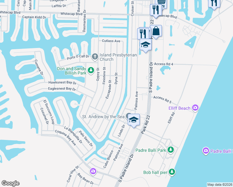 map of restaurants, bars, coffee shops, grocery stores, and more near 15642 Dyna Street in Corpus Christi