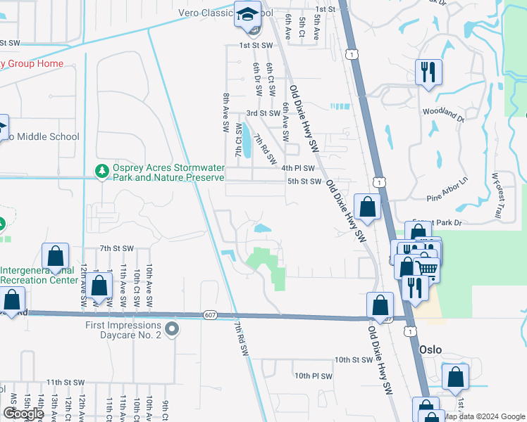 map of restaurants, bars, coffee shops, grocery stores, and more near 501 East Point Court Southwest in Vero Beach