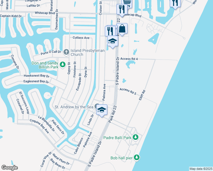 map of restaurants, bars, coffee shops, grocery stores, and more near 15622 Palmira Avenue in Corpus Christi