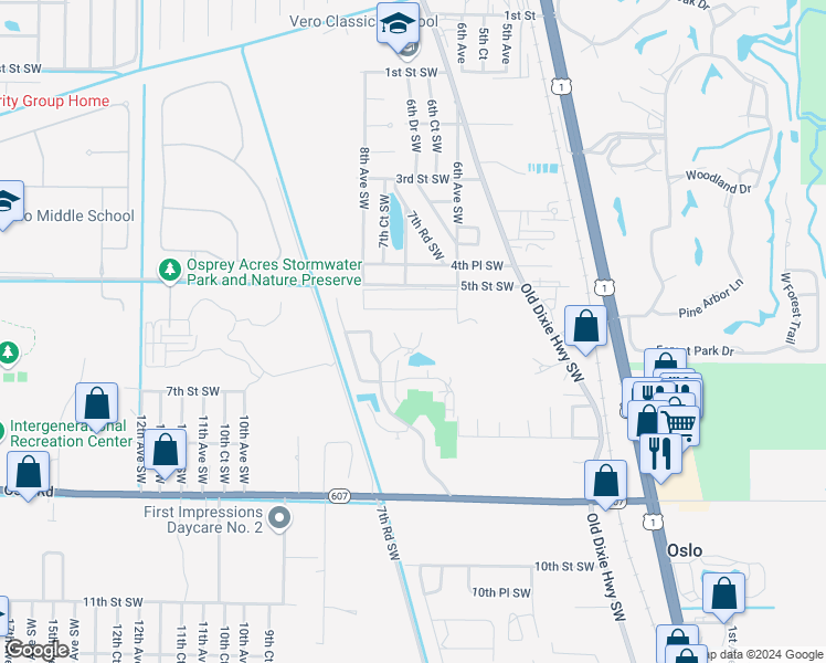 map of restaurants, bars, coffee shops, grocery stores, and more near 605 East Point Court Southwest in Vero Beach