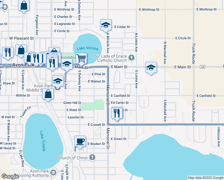 map of restaurants, bars, coffee shops, grocery stores, and more near 406 East Camphor Street in Avon Park
