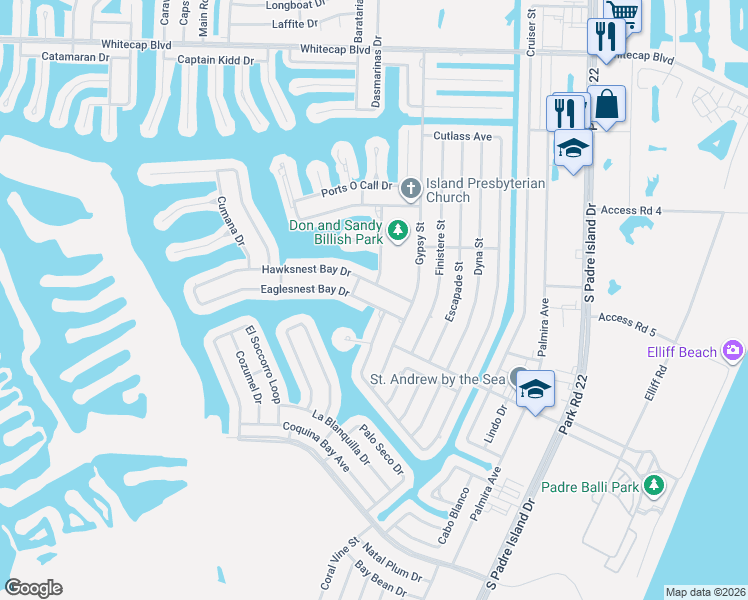 map of restaurants, bars, coffee shops, grocery stores, and more near 13918 Eaglesnest Bay Drive in Corpus Christi