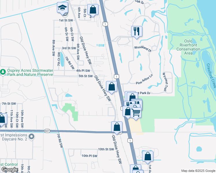 map of restaurants, bars, coffee shops, grocery stores, and more near 580 Old Dixie Highway Southwest in Vero Beach