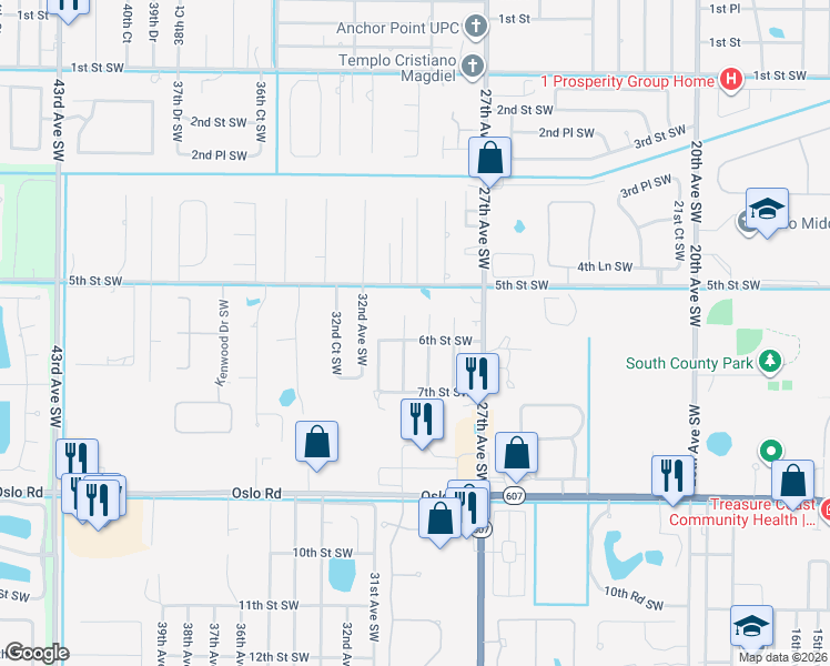 map of restaurants, bars, coffee shops, grocery stores, and more near 2944 6th Street Southwest in Vero Beach