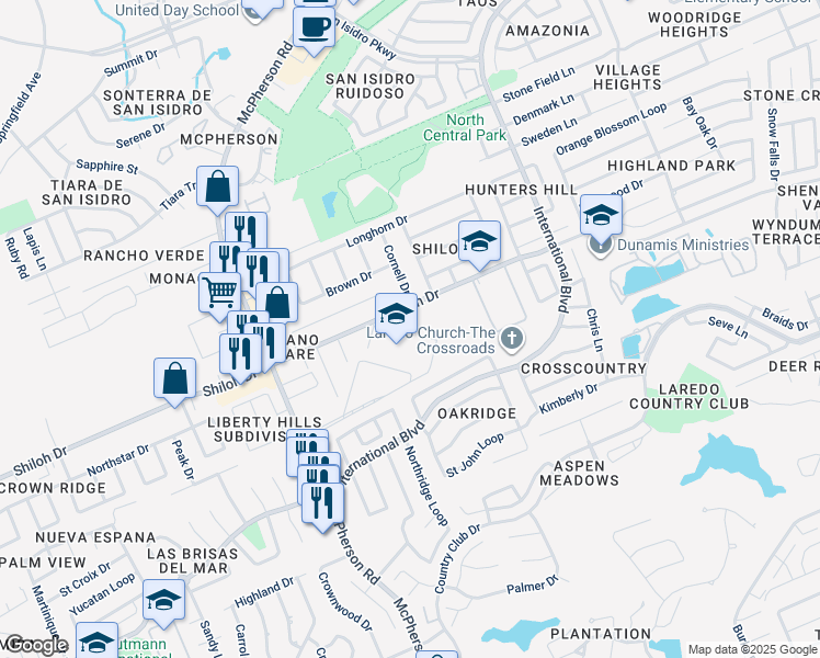 map of restaurants, bars, coffee shops, grocery stores, and more near 8800 McPherson Road in Laredo