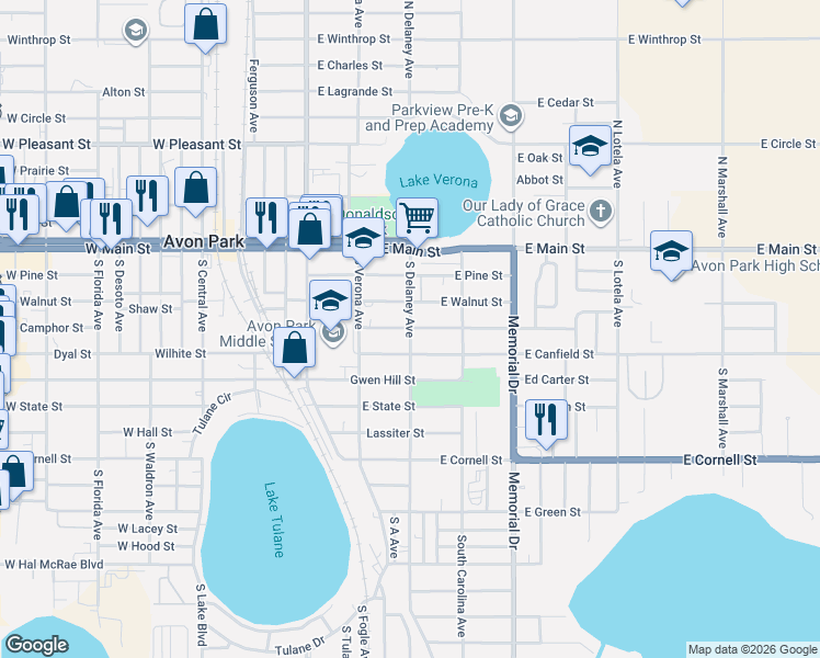 map of restaurants, bars, coffee shops, grocery stores, and more near 301 South Delaney Avenue in Avon Park