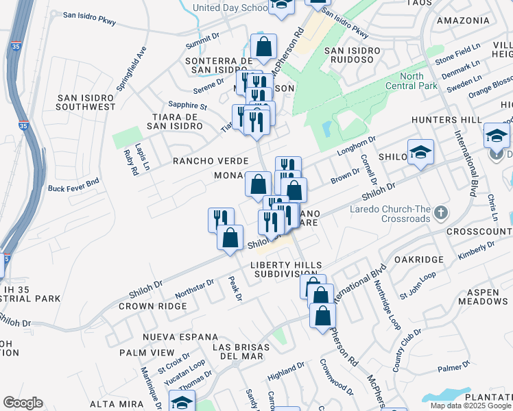 map of restaurants, bars, coffee shops, grocery stores, and more near 604 Shiloh Road in Laredo
