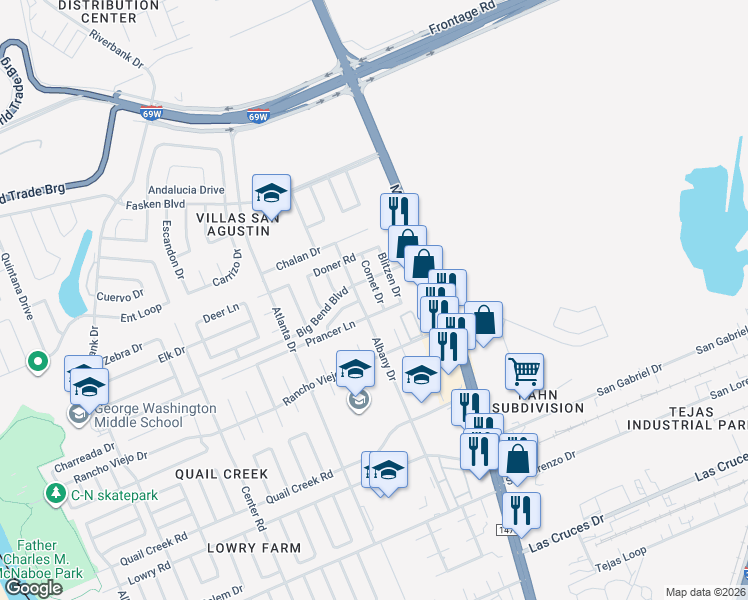map of restaurants, bars, coffee shops, grocery stores, and more near 842 Prancer Road in Laredo