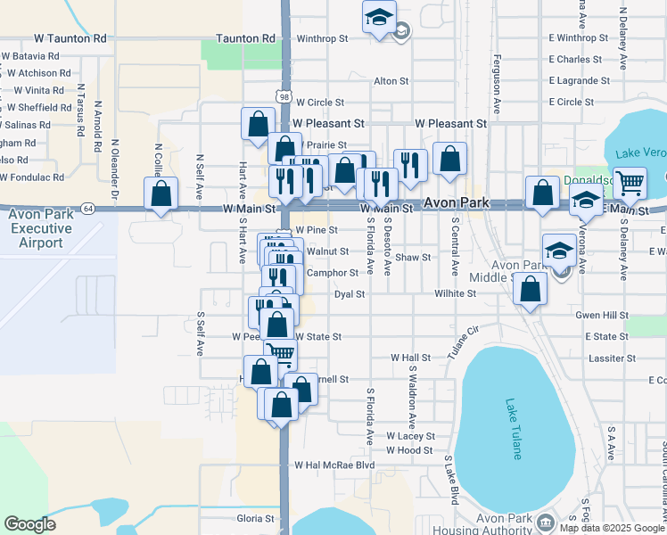 map of restaurants, bars, coffee shops, grocery stores, and more near 913 West Camphor Street in Avon Park