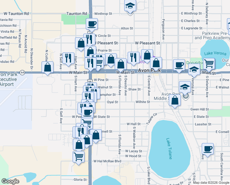 map of restaurants, bars, coffee shops, grocery stores, and more near 913 West Camphor Street in Avon Park