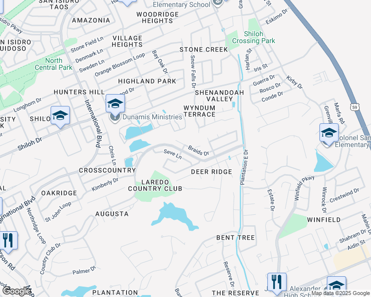 map of restaurants, bars, coffee shops, grocery stores, and more near 2703 Braids Drive in Laredo