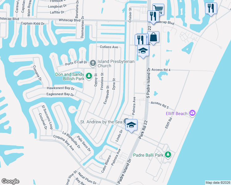 map of restaurants, bars, coffee shops, grocery stores, and more near 15610 Dyna Street in Corpus Christi