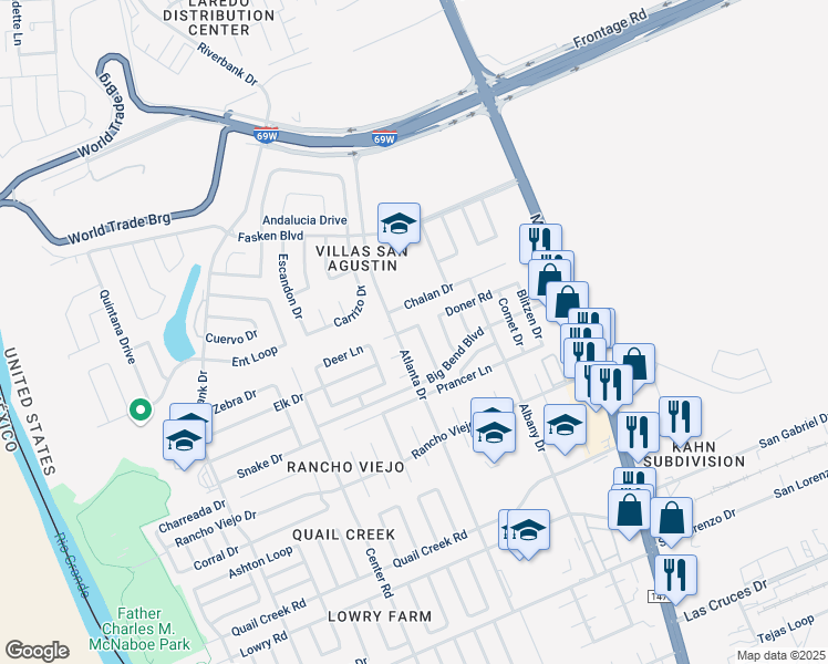 map of restaurants, bars, coffee shops, grocery stores, and more near 814 Noel Lane in Laredo