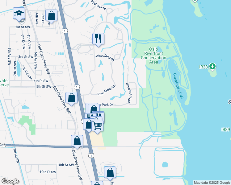 map of restaurants, bars, coffee shops, grocery stores, and more near 25 Pine Arbor Lane in Vero Beach