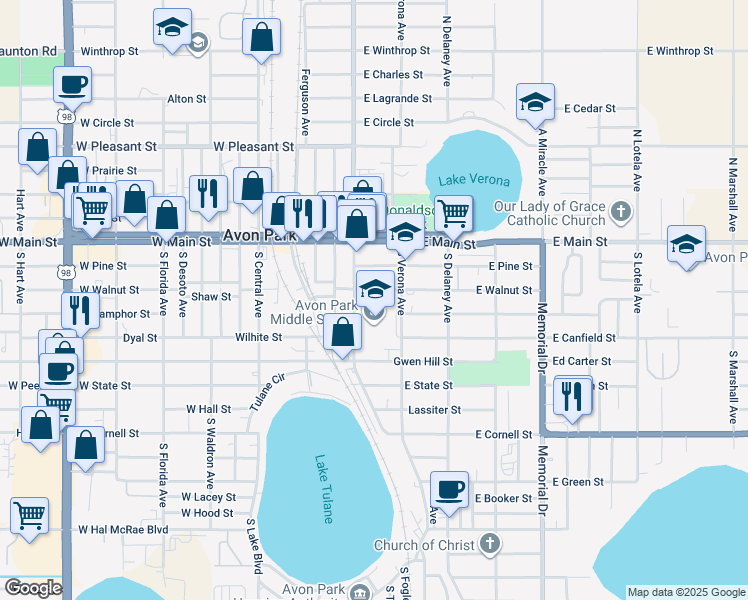 map of restaurants, bars, coffee shops, grocery stores, and more near 25 East Walnut Street in Avon Park