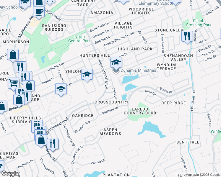 map of restaurants, bars, coffee shops, grocery stores, and more near 8712 Chris Lane in Laredo