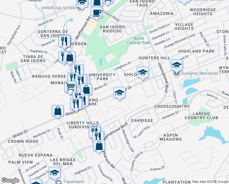 map of restaurants, bars, coffee shops, grocery stores, and more near 1241 Whisper Hill Drive in Laredo