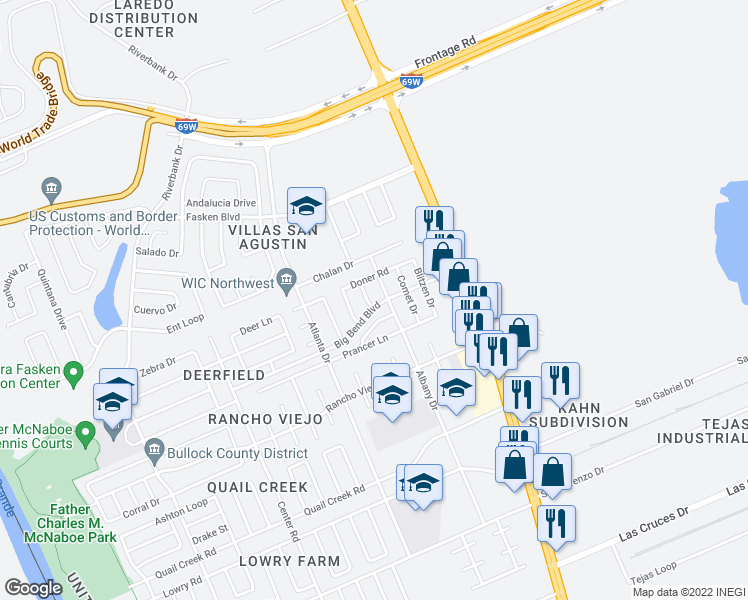 map of restaurants, bars, coffee shops, grocery stores, and more near 10301 Dasher Drive in Laredo