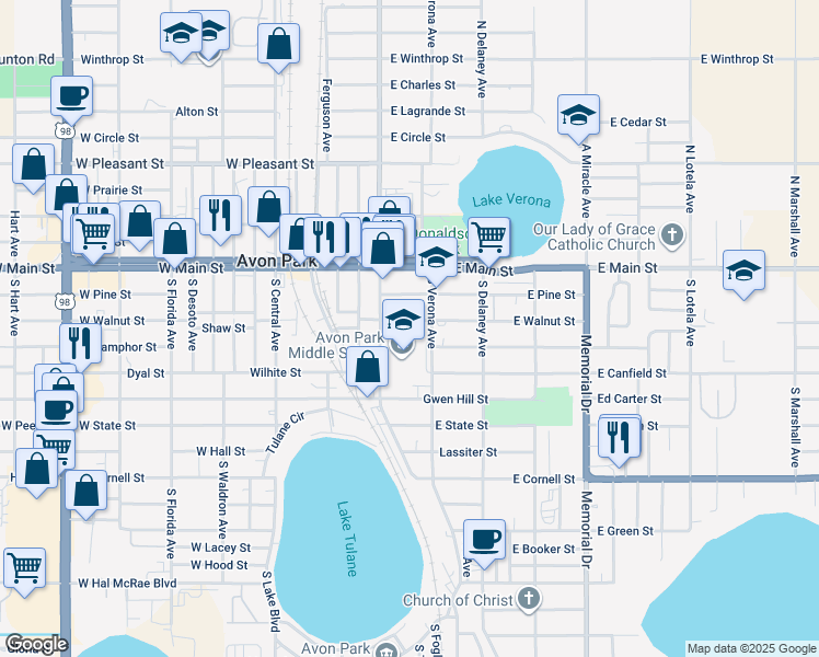map of restaurants, bars, coffee shops, grocery stores, and more near 25 East Walnut Street in Avon Park