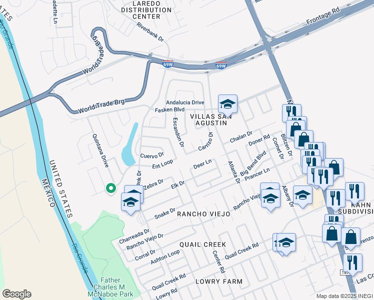 map of restaurants, bars, coffee shops, grocery stores, and more near 110 Castellanos Court in Laredo