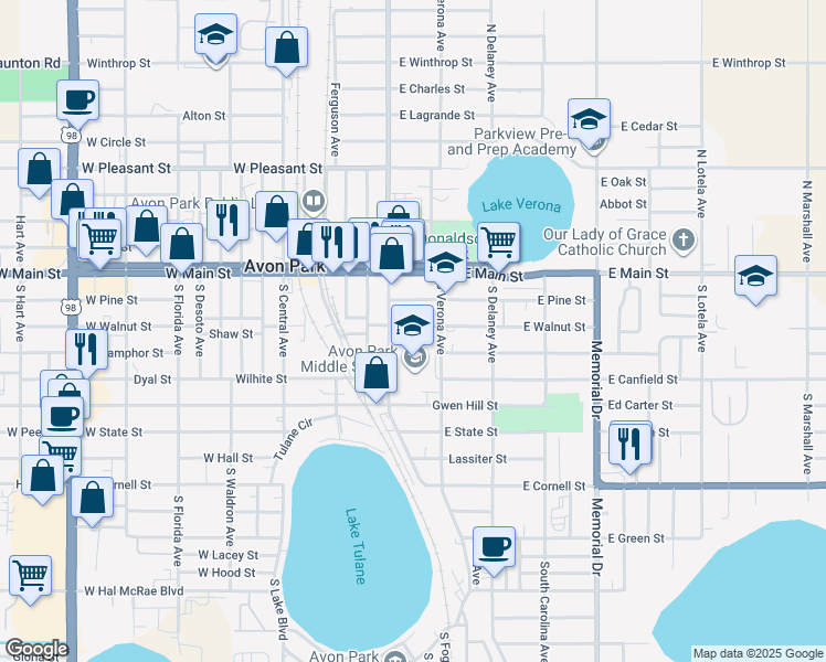 map of restaurants, bars, coffee shops, grocery stores, and more near 20 East Walnut Street in Avon Park