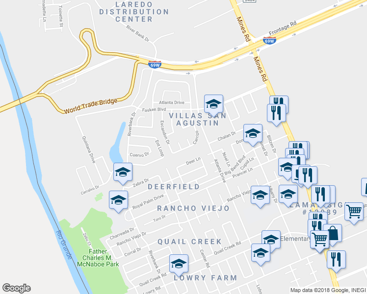map of restaurants, bars, coffee shops, grocery stores, and more near 101 Castellanos Court in Laredo
