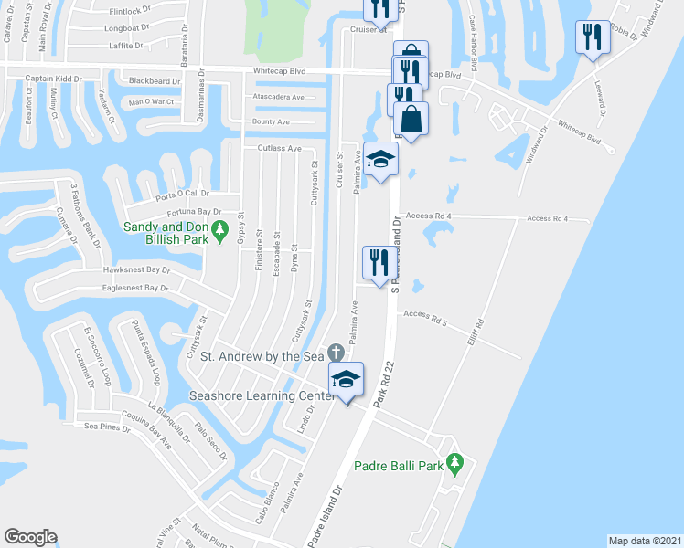 map of restaurants, bars, coffee shops, grocery stores, and more near 15541 Cruiser Street in Corpus Christi
