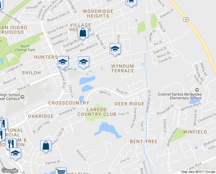map of restaurants, bars, coffee shops, grocery stores, and more near 2703 Braids Drive in Laredo