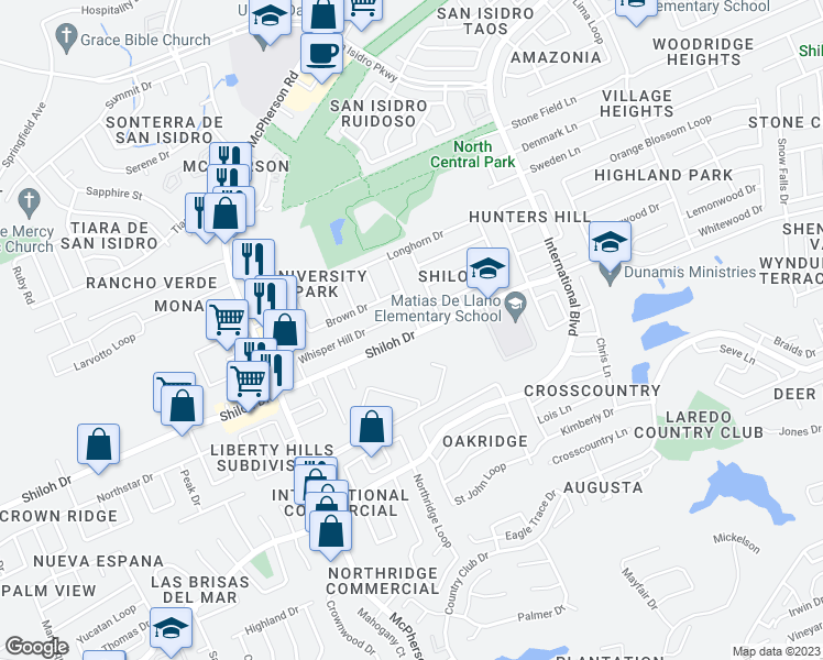 map of restaurants, bars, coffee shops, grocery stores, and more near 8902 Cornell Drive in Laredo