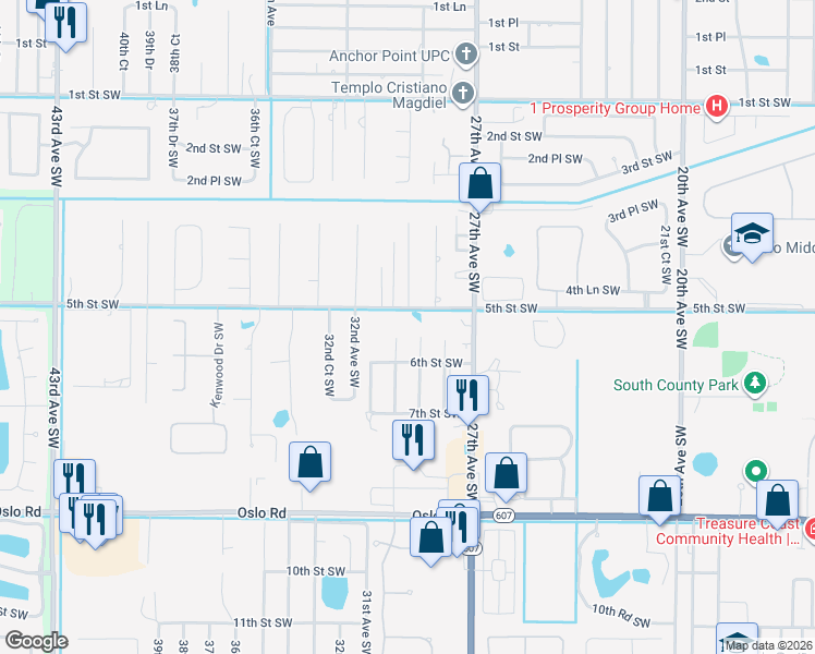 map of restaurants, bars, coffee shops, grocery stores, and more near 2975 5th Street Southwest in Vero Beach