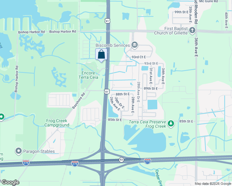 map of restaurants, bars, coffee shops, grocery stores, and more near 2610 88th Street East in Palmetto