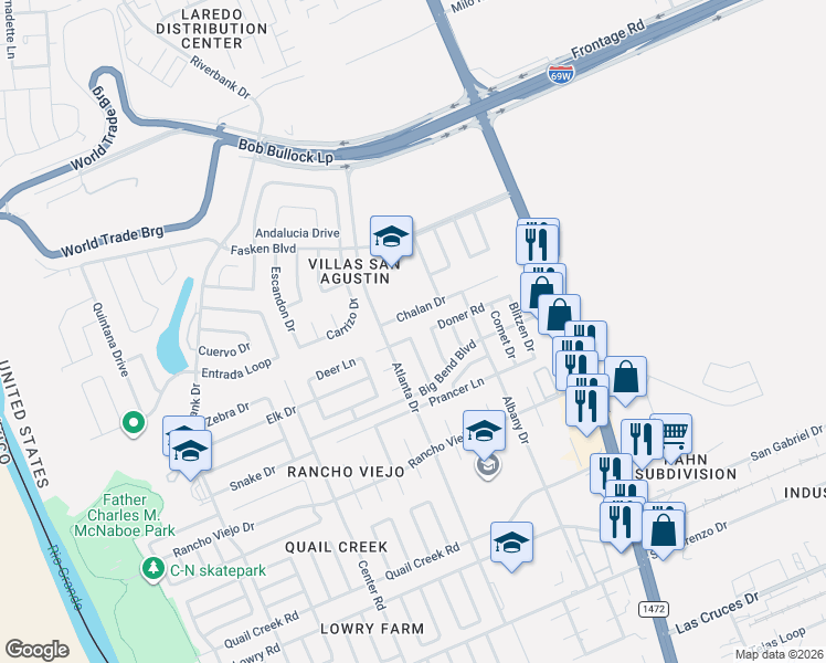 map of restaurants, bars, coffee shops, grocery stores, and more near 814 Noel Lane in Laredo