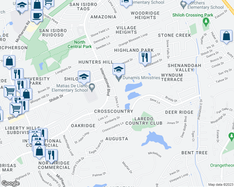 map of restaurants, bars, coffee shops, grocery stores, and more near 8707 Chris Lane in Laredo