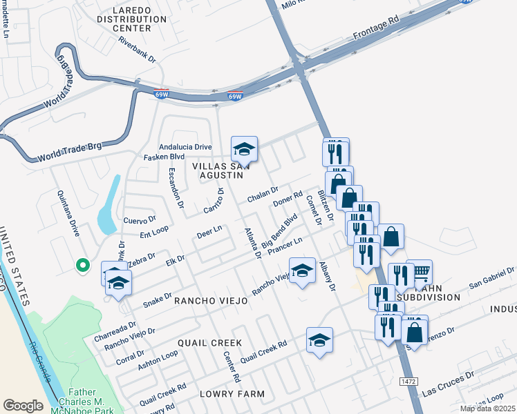 map of restaurants, bars, coffee shops, grocery stores, and more near 814 Noel Lane in Laredo