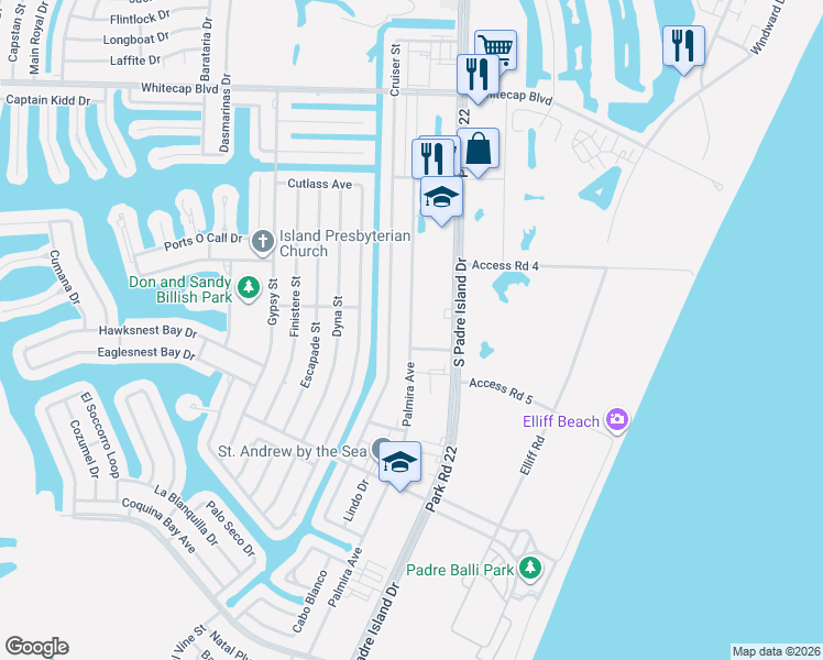 map of restaurants, bars, coffee shops, grocery stores, and more near 15558 Palmira Avenue in Corpus Christi