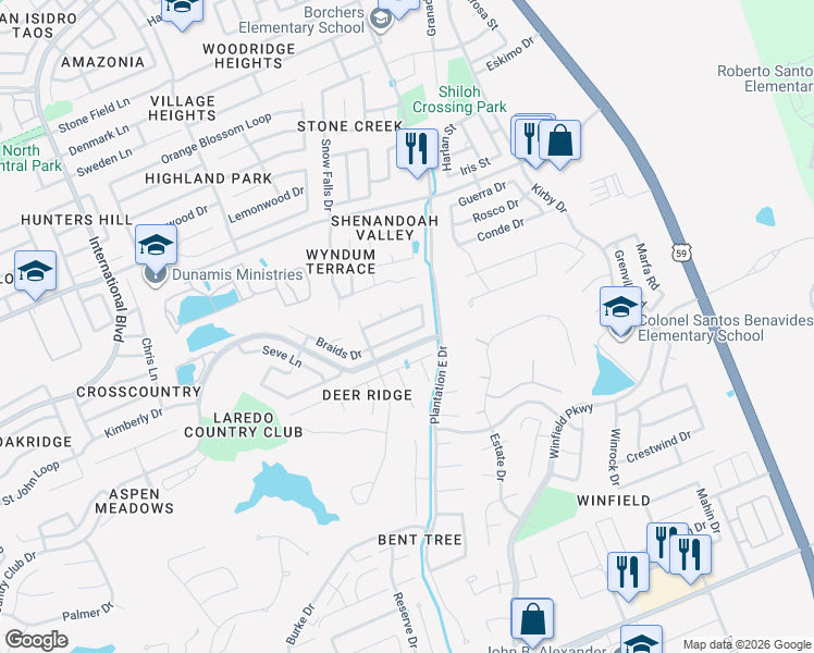 map of restaurants, bars, coffee shops, grocery stores, and more near 2916 Mehlhorn Loop in Laredo