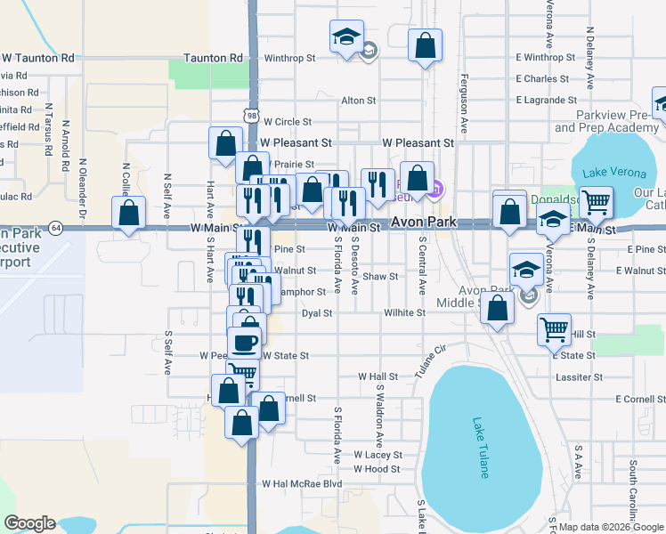map of restaurants, bars, coffee shops, grocery stores, and more near 109 S Florida Ave in Avon Park