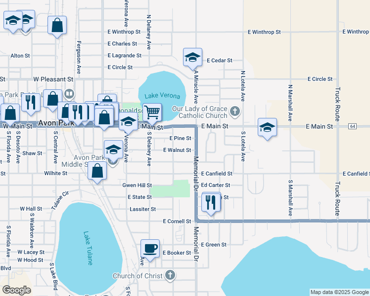 map of restaurants, bars, coffee shops, grocery stores, and more near 311 East Walnut Street in Avon Park